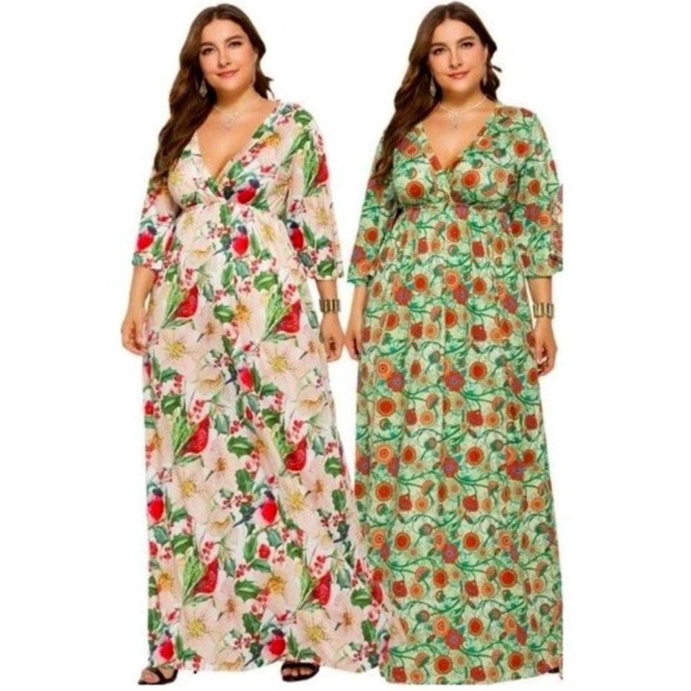 Plus Size Floral V-Neck Maxi Dress (Green Maxi)